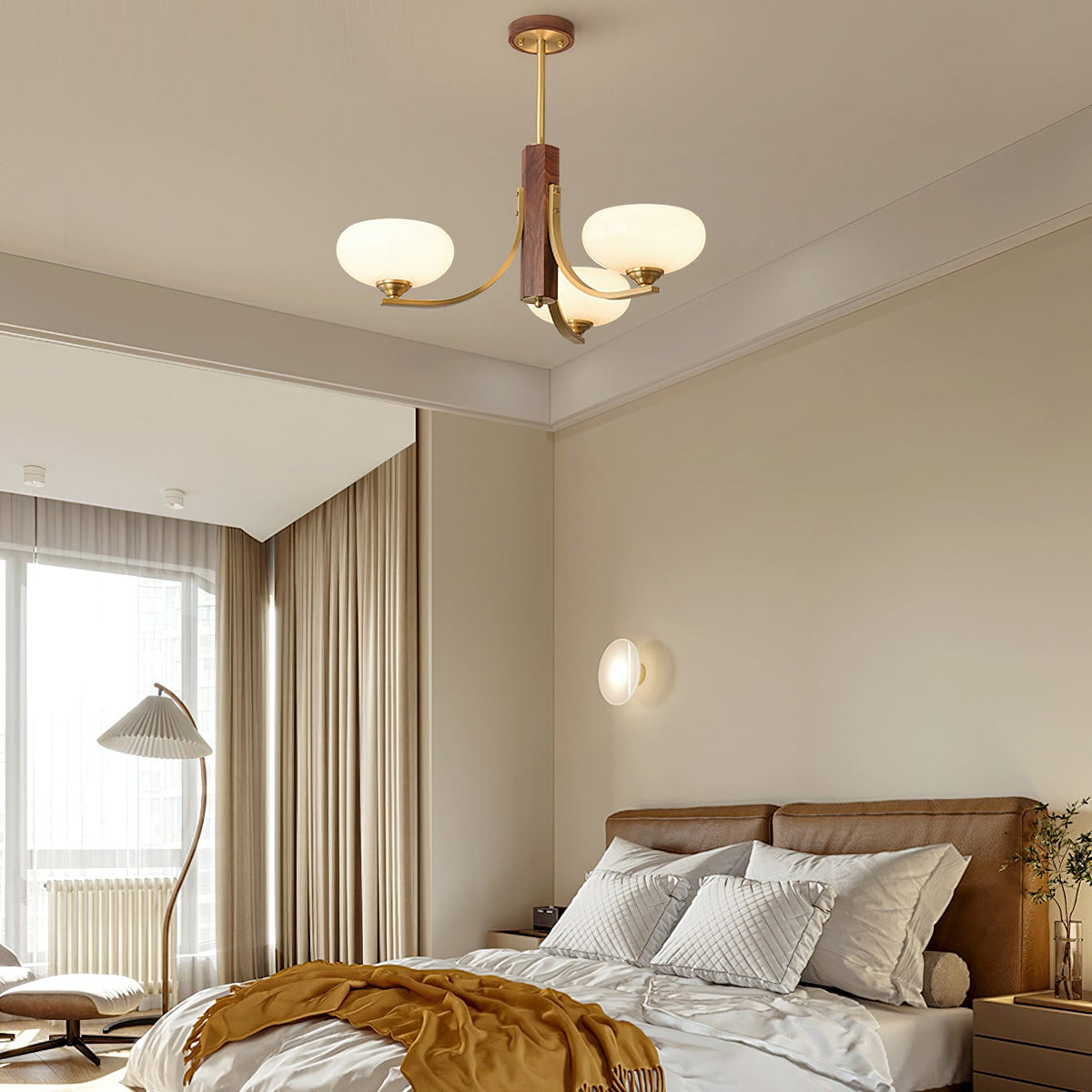 Three-Arm Walnut & Brass Chandelier with Beige Glass Shades