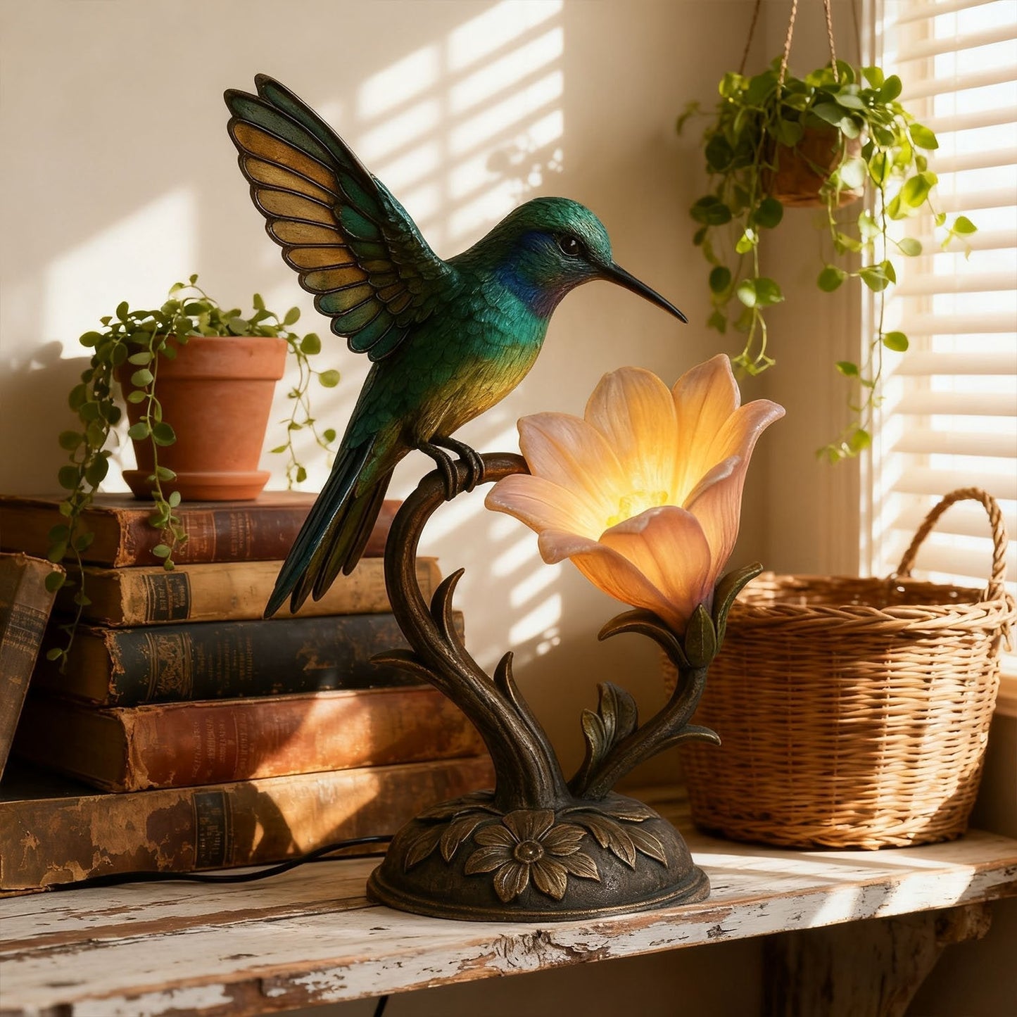 Hummingbird Table Lamp - Vintage Style Resin Bird & Glowing Flower Accent Light
