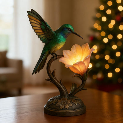 Hummingbird Table Lamp - Vintage Style Resin Bird & Glowing Flower Accent Light