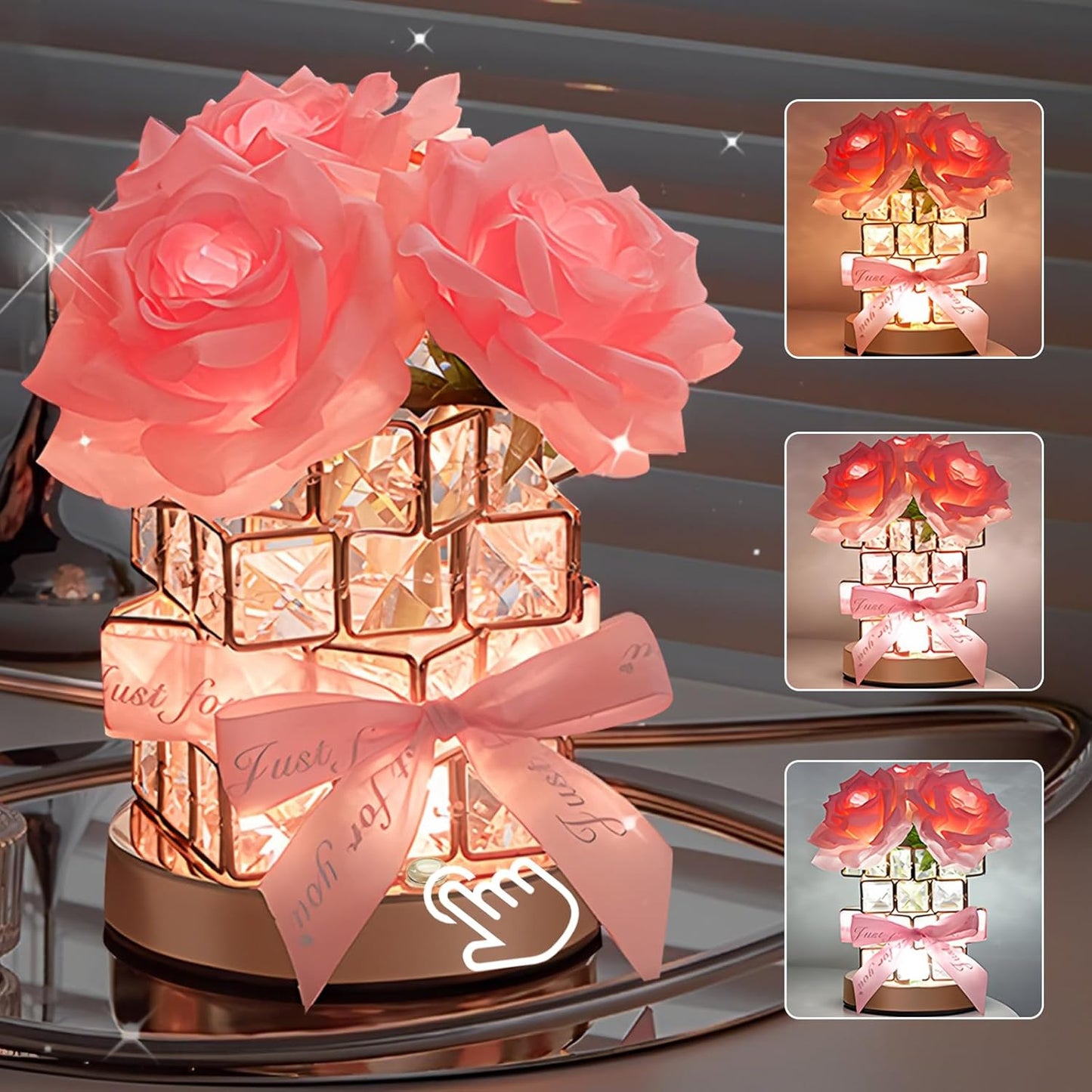 Rose Lamp,Flower Lamp 3 Colors Dimmable Crystal Table Light