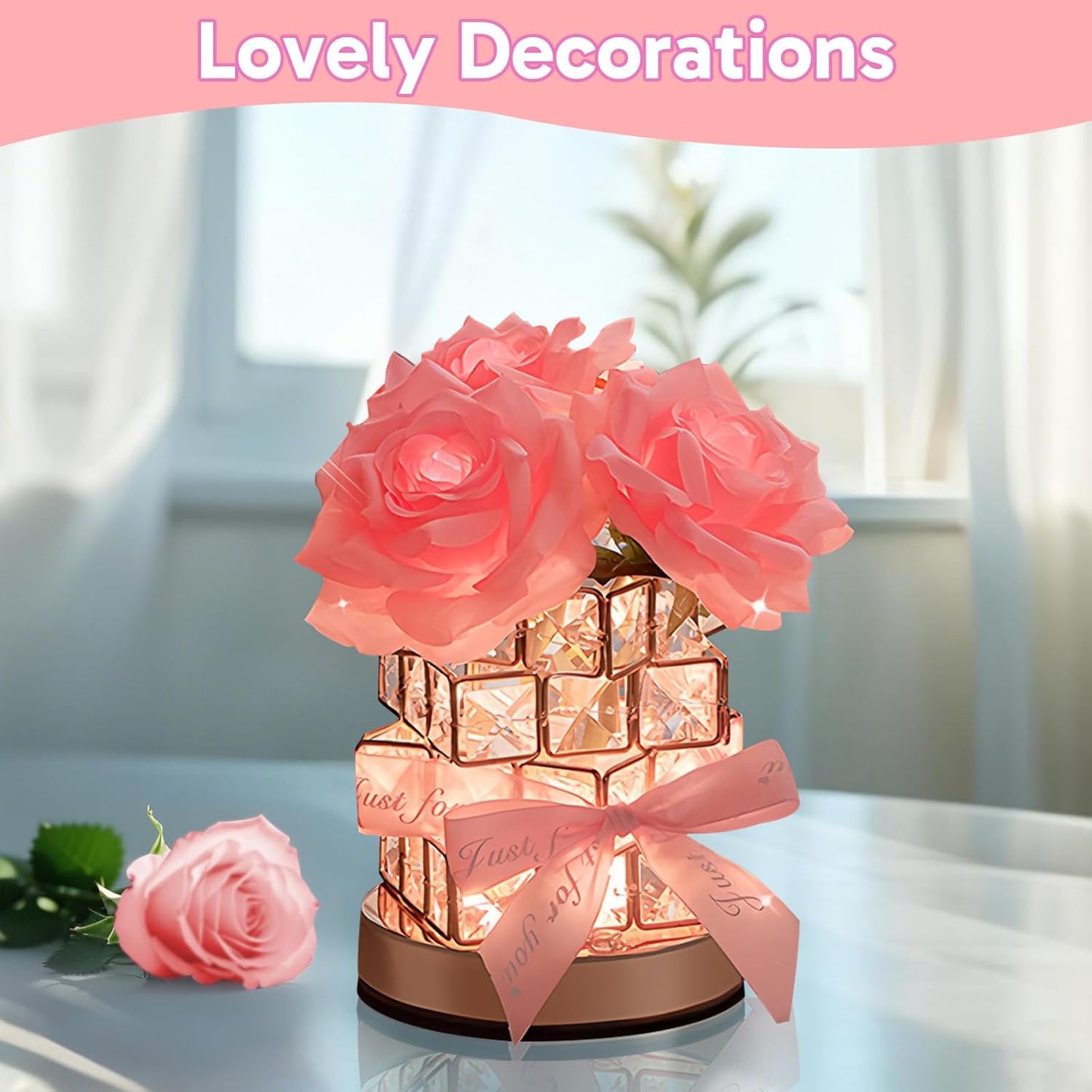 Rose Lamp,Flower Lamp 3 Colors Dimmable Crystal Table Light
