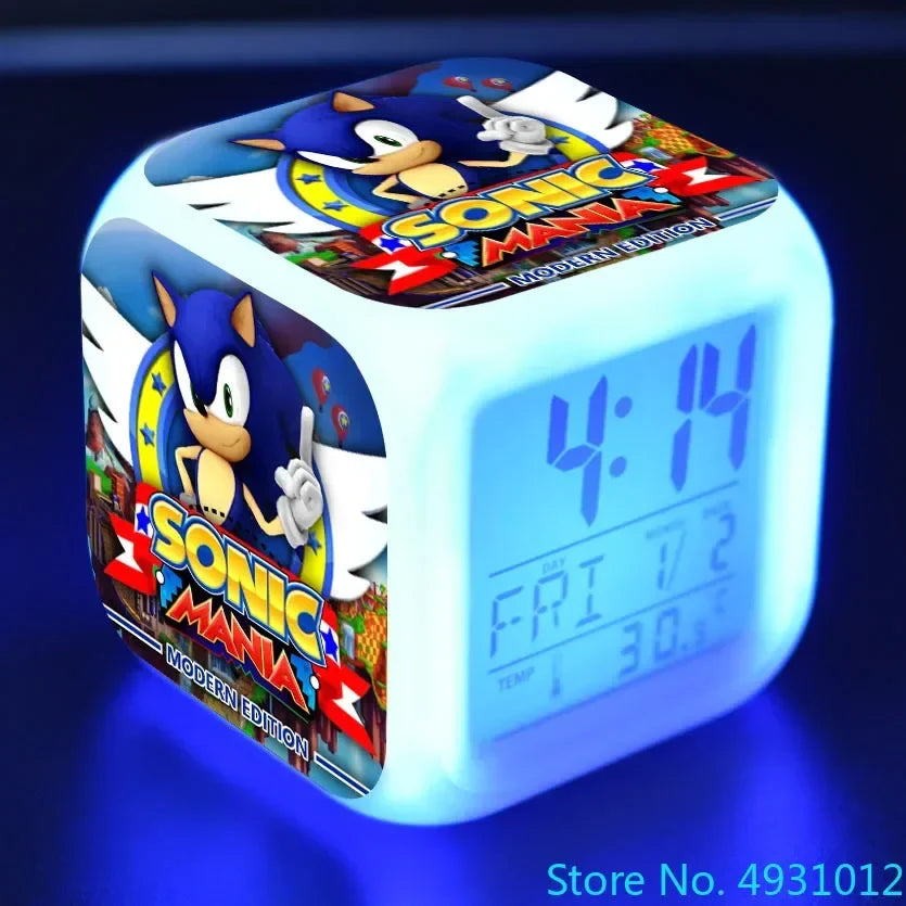 Anime Sonic & Mario Bros Figure Model LED Alarm Clock: 7-Color Touch Light Desk Watch