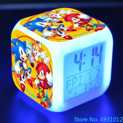 Anime Sonic & Mario Bros Figure Model LED Alarm Clock: 7-Color Touch Light Desk Watch
