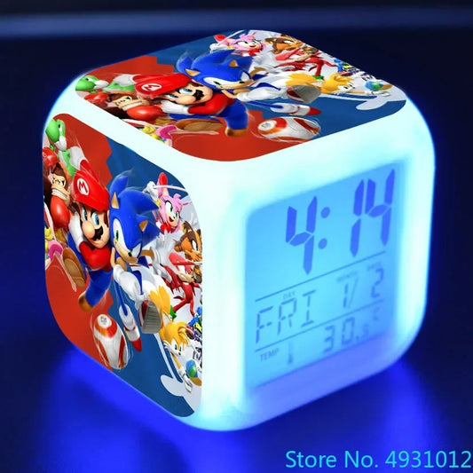 Anime Sonic & Mario Bros Figure Model LED Alarm Clock: 7-Color Touch Light Desk Watch