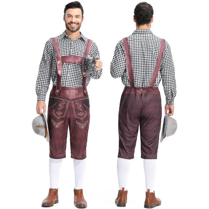 Men’s Lederhosen Costume – Tailored Fit – Embossed Detailing – Embroidered Bib – Knee-Length