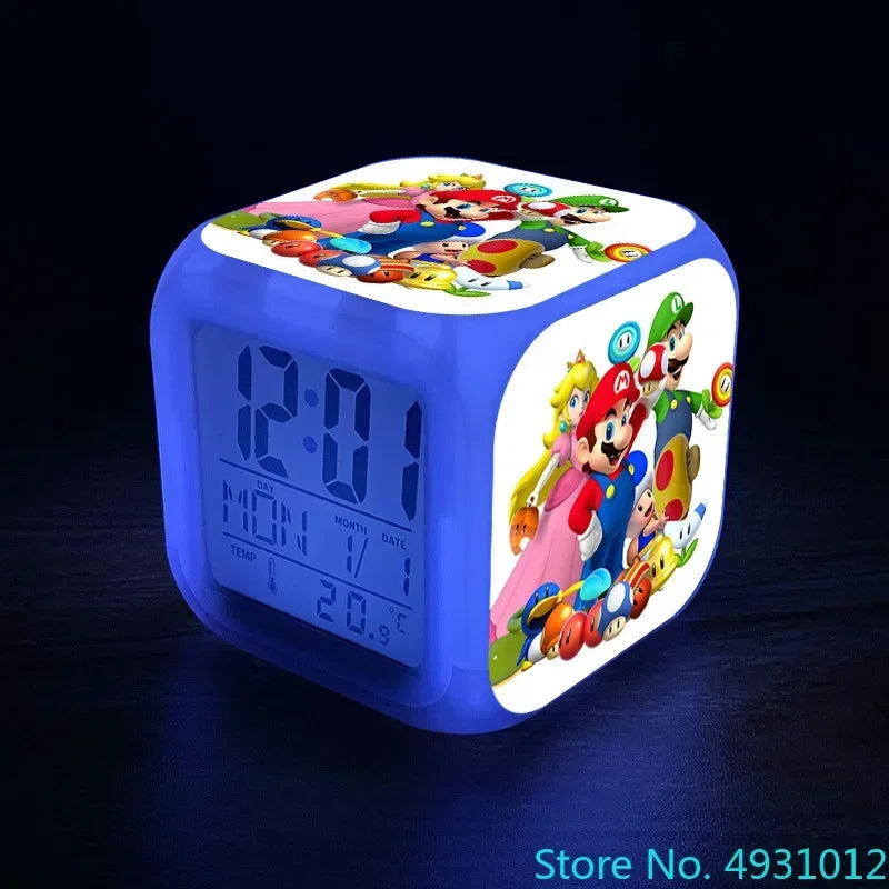 Anime Sonic & Mario Bros Figure Model LED Alarm Clock: 7-Color Touch Light Desk Watch