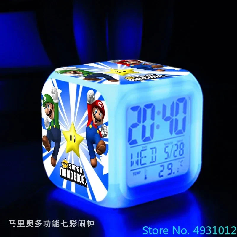 Anime Sonic & Mario Bros Figure Model LED Alarm Clock: 7-Color Touch Light Desk Watch