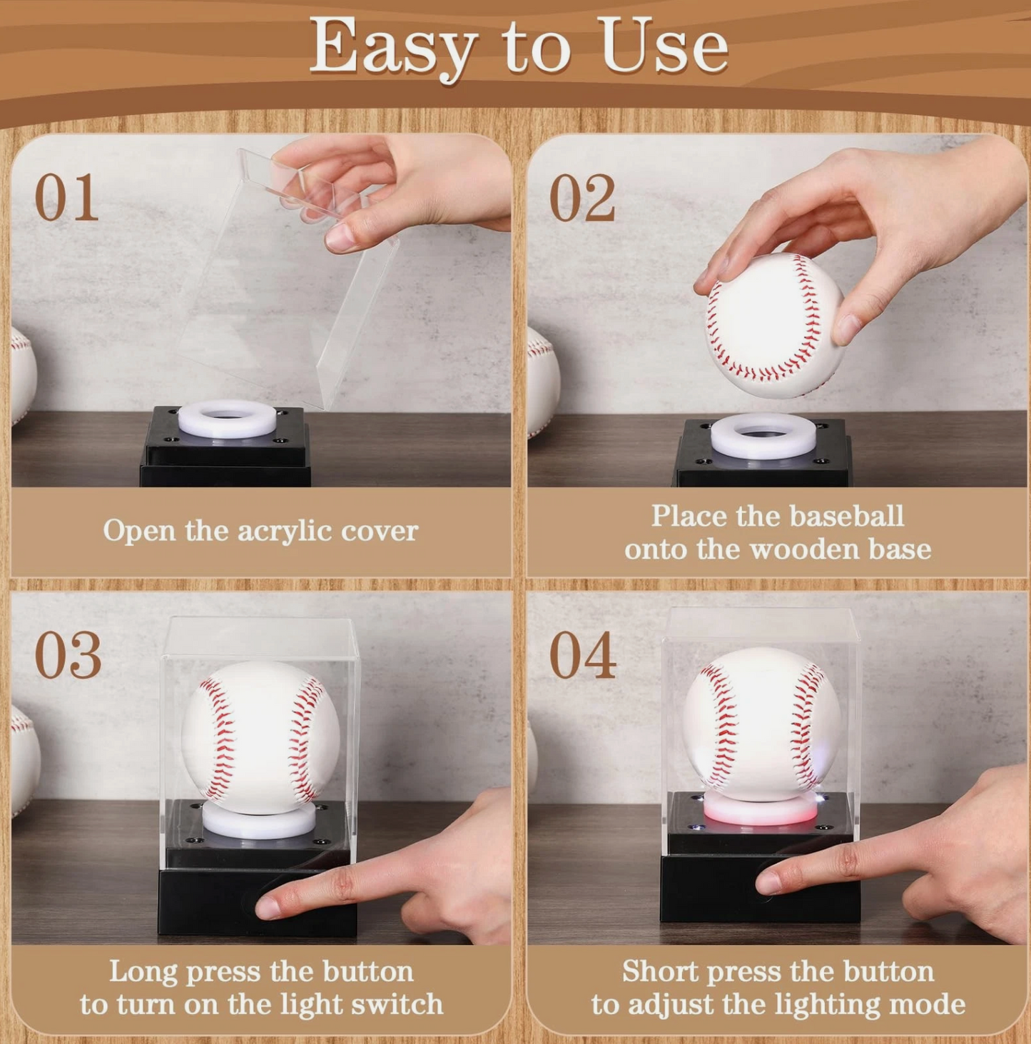 4 Pcs Baseball Display Case with LED Light Acrylic Softball