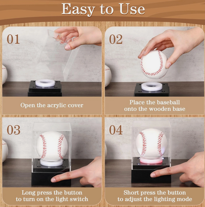 4 Pcs Baseball Display Case with LED Light Acrylic Softball