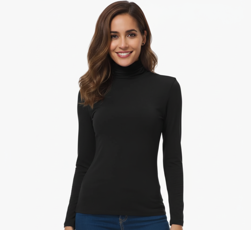Women's Long Sleeve Turtleneck Top - Slim Fit Stretch Knit Basic Layering Shirt