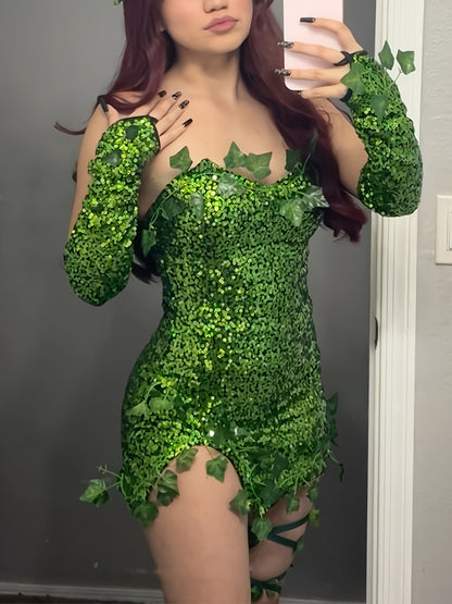 Women Sequin Leaf Halloween Costume Dress |   Strapless Mini