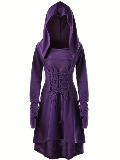 Women’s Medieval Lace Up Halloween Movie Costume Dress | Hooded Long Sleeve
