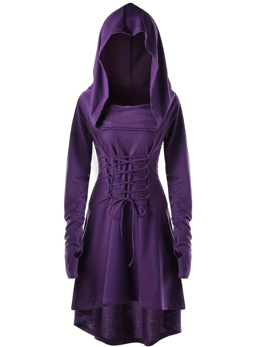 Women’s Medieval Lace Up Halloween Movie Costume Dress | Hooded Long Sleeve