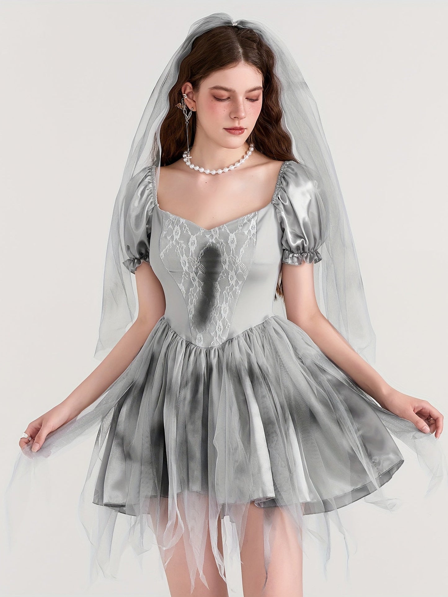 Women Gothic Puff Sleeve Halloween Corpse Bride Costume Dress | Mini