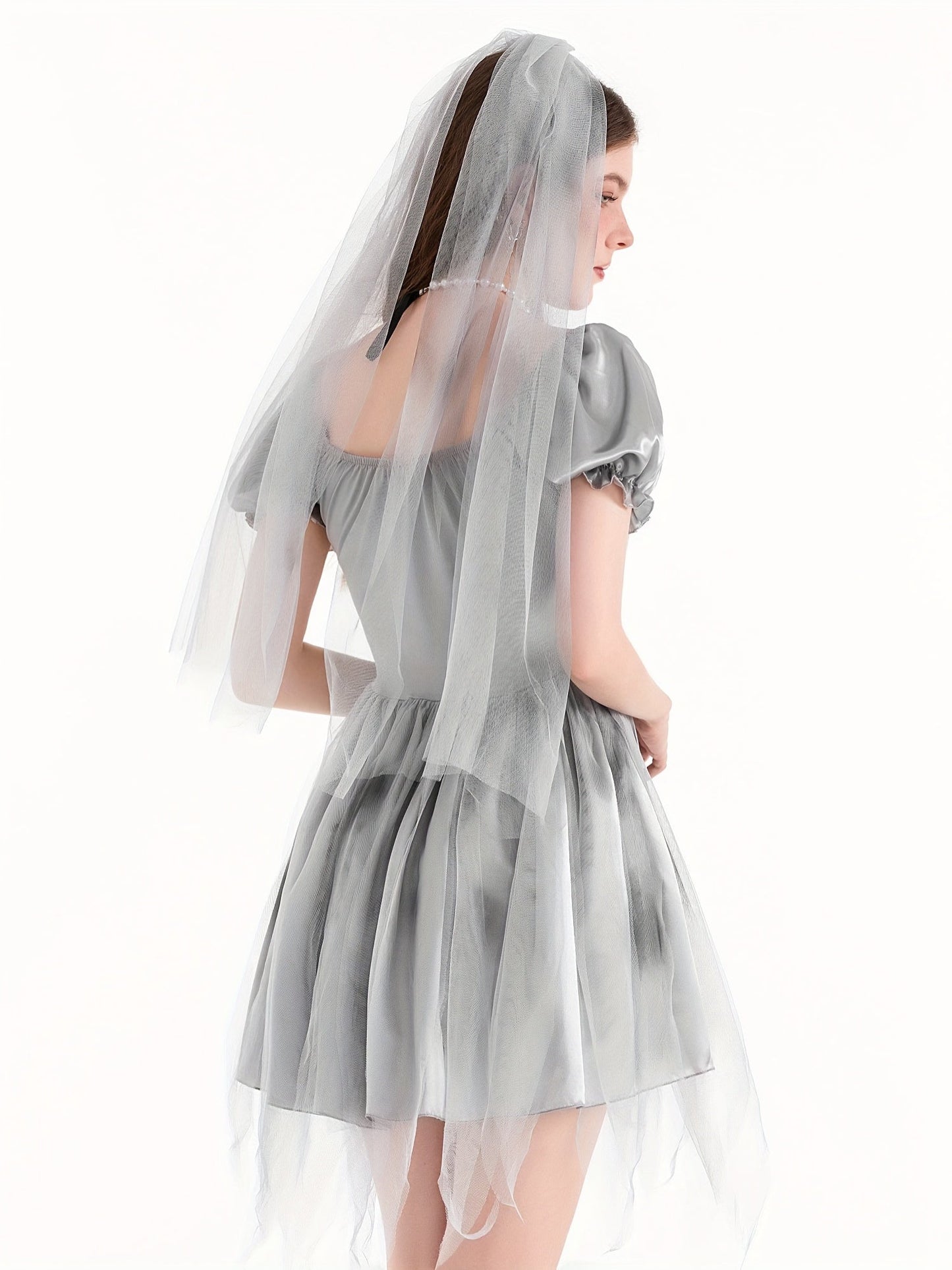 Women Gothic Puff Sleeve Halloween Corpse Bride Costume Dress | Mini