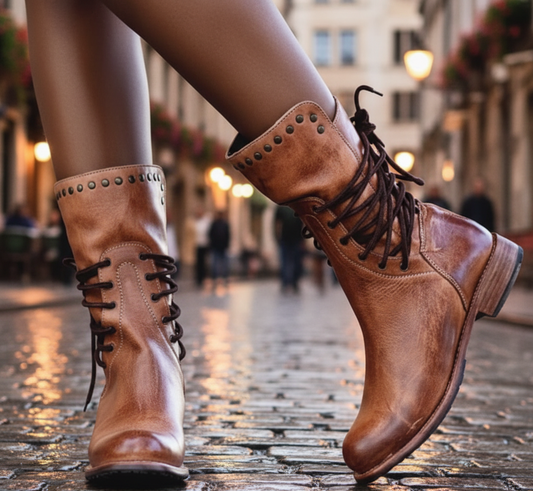 Women's Classic Vintage Calf Boots - Brown PU Leather Mid-Calf Cowboy Style Footwear