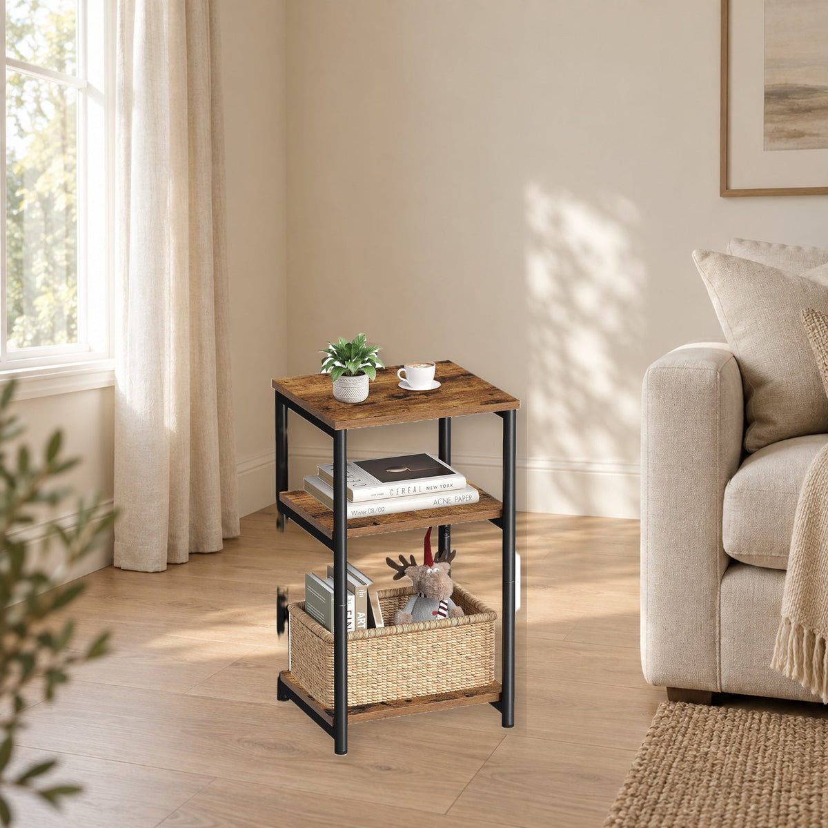 Industrial Three-Tier Side Table With Storage Shelves