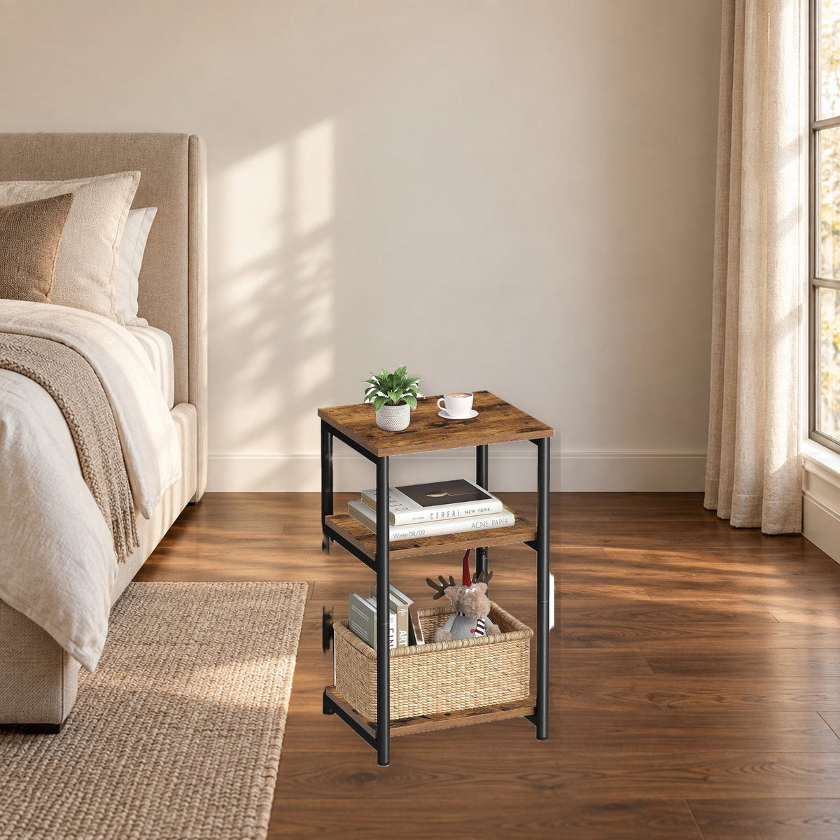 Industrial Three-Tier Side Table With Storage Shelves