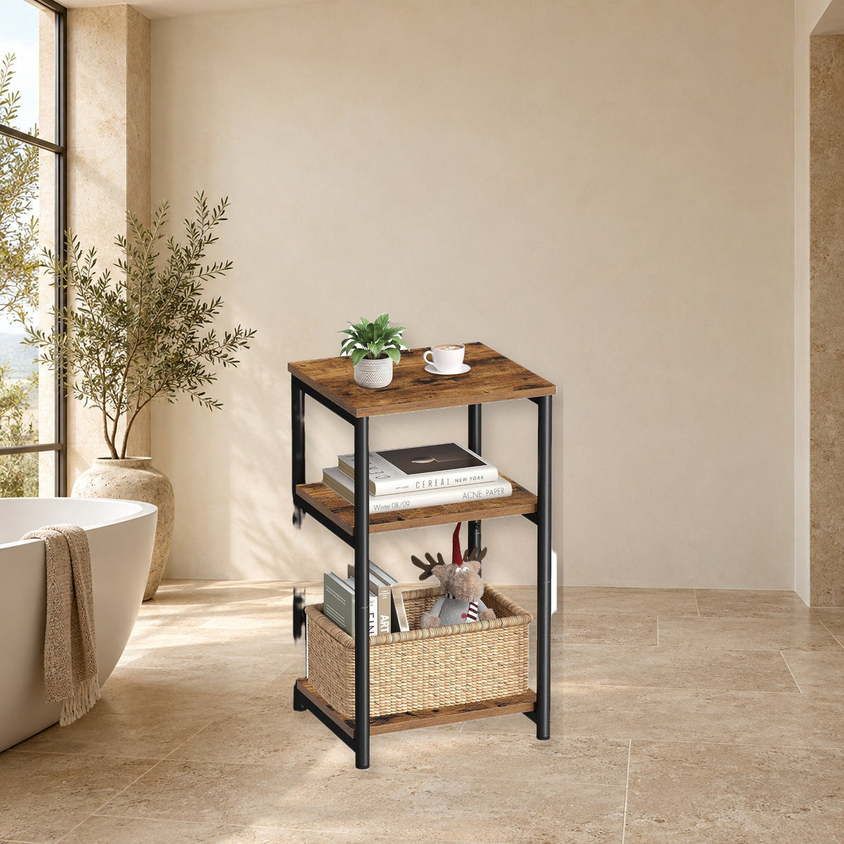 Industrial Three-Tier Side Table With Storage Shelves
