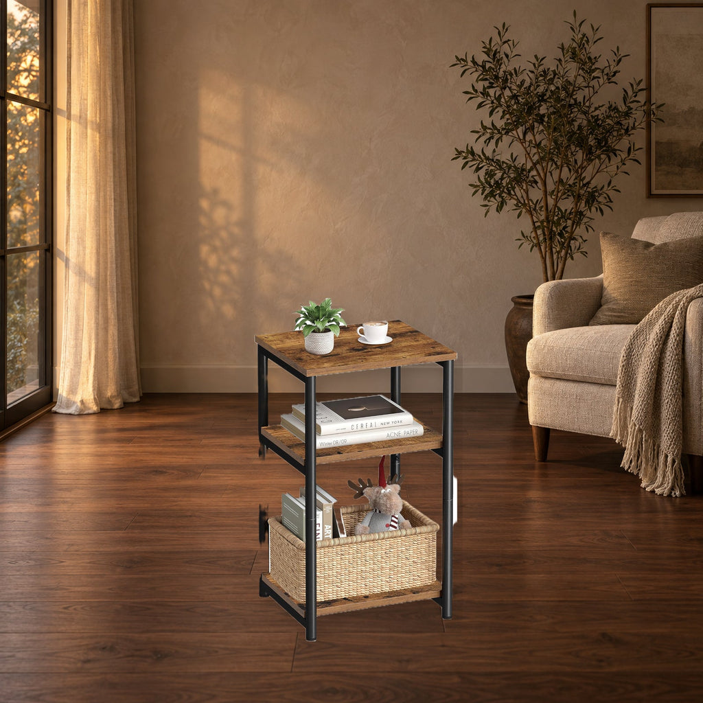 Industrial Three-Tier Side Table With Storage Shelves