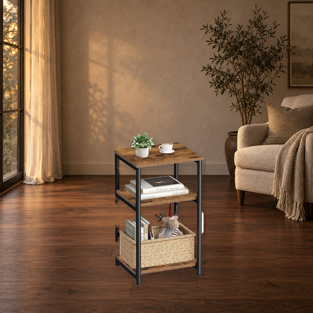 Industrial Three-Tier Side Table With Storage Shelves