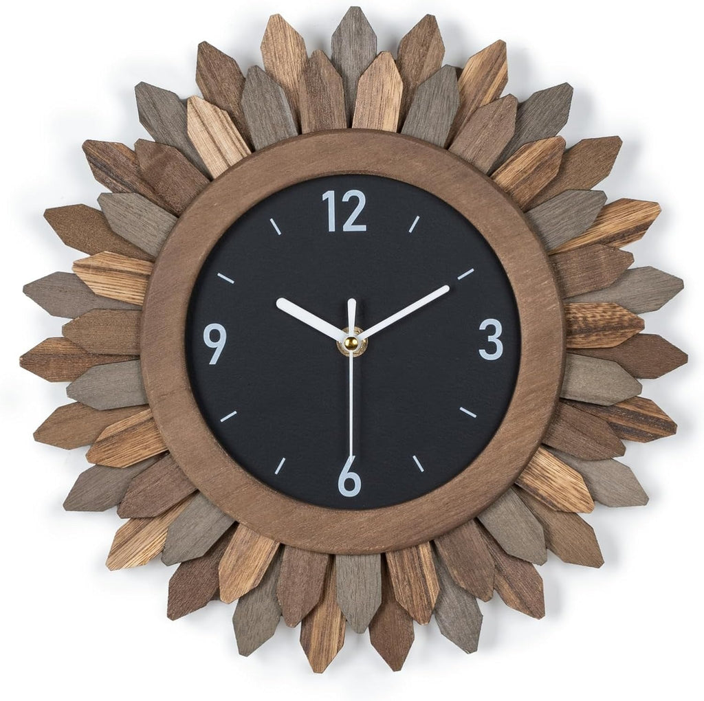 12-Inch Silent Boho Sunburst Wooden Wall Clock