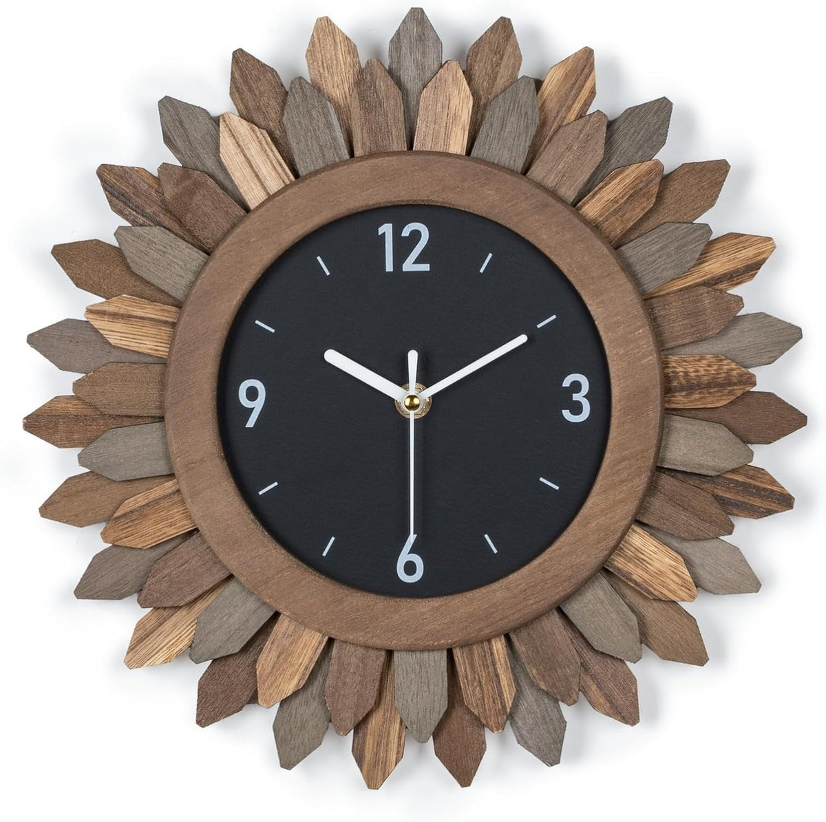 12-Inch Silent Boho Sunburst Wooden Wall Clock