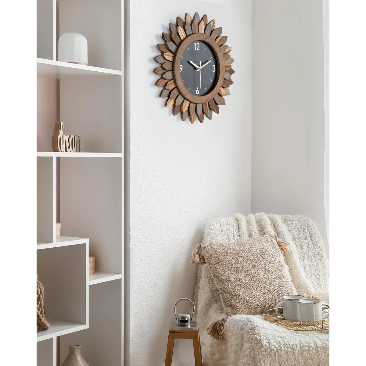 12-Inch Silent Boho Sunburst Wooden Wall Clock