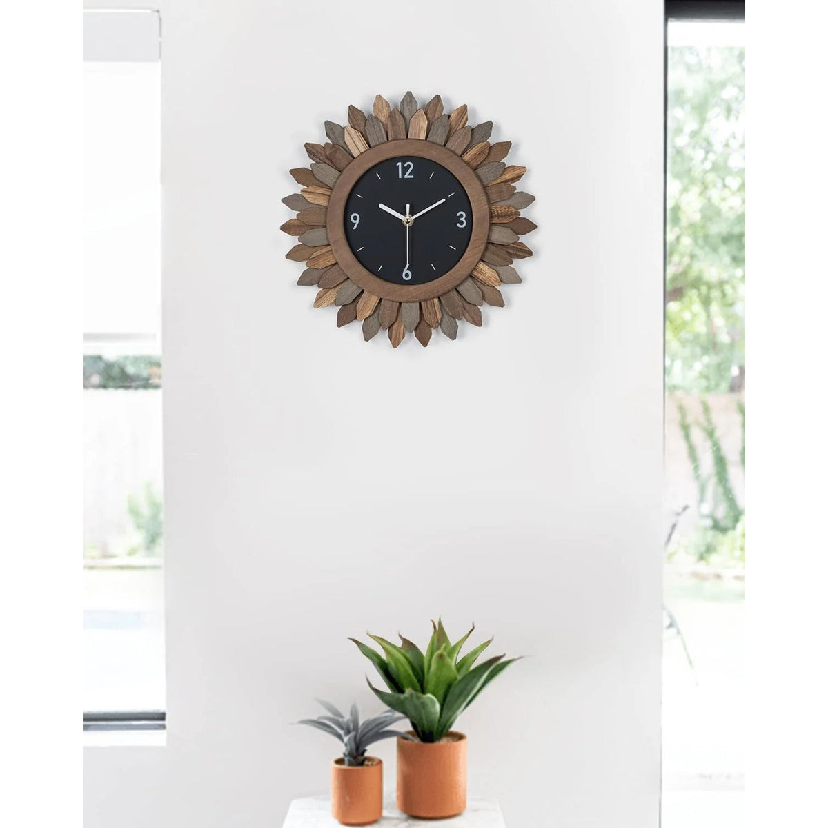 12-Inch Silent Boho Sunburst Wooden Wall Clock