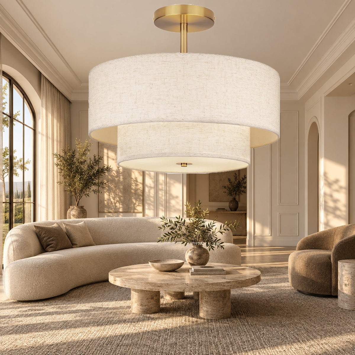 18-Inch Gold Double Drum Semi-Flush Ceiling Light