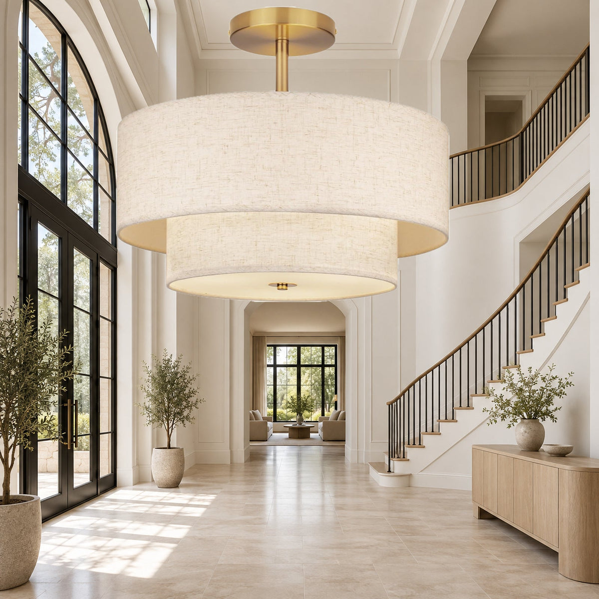 18-Inch Gold Double Drum Semi-Flush Ceiling Light
