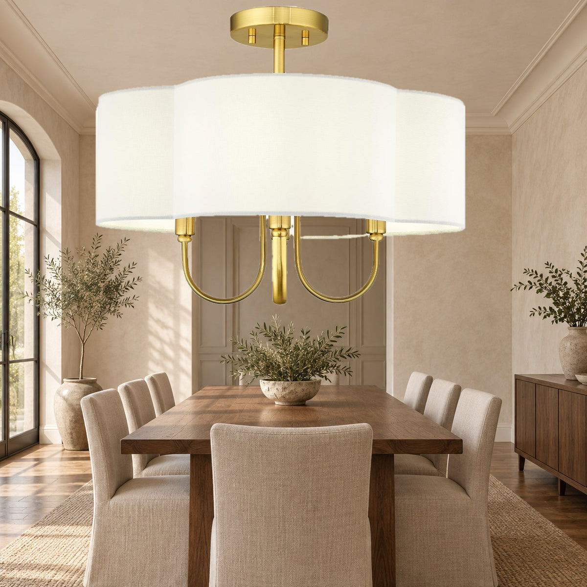 18-Inch Gold Quatrefoil Semi-Flush Linen Ceiling Light
