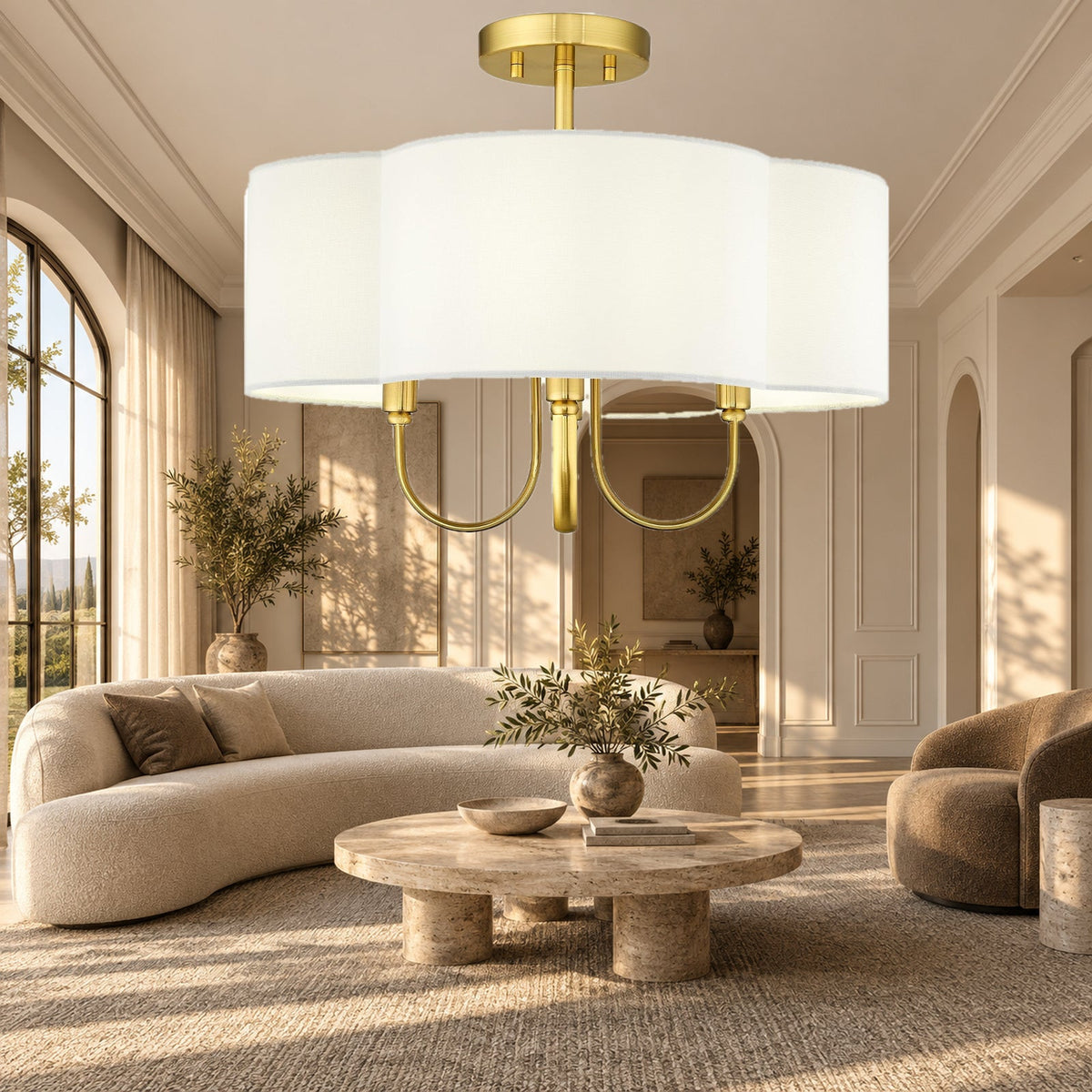 18-Inch Gold Quatrefoil Semi-Flush Linen Ceiling Light