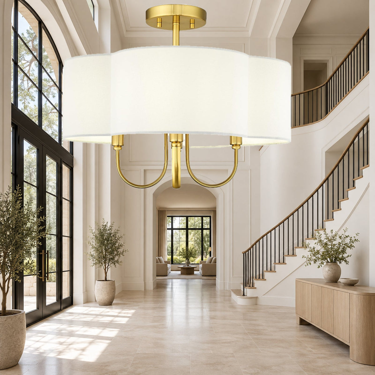 18-Inch Gold Quatrefoil Semi-Flush Linen Ceiling Light