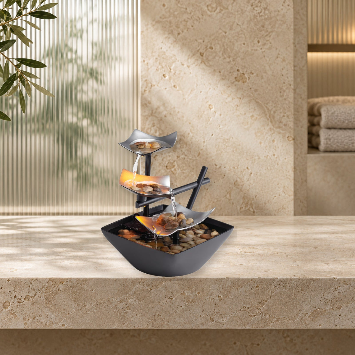 HoMedics Three-Tier Tabletop Water Fountain With River Rocks