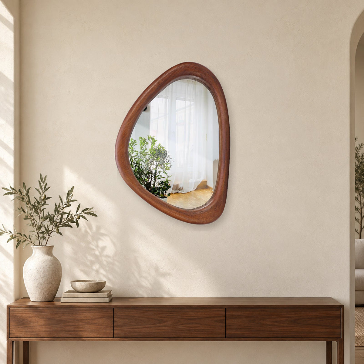 Asymmetrical Wooden Wall Mirror for Modern Home Decor