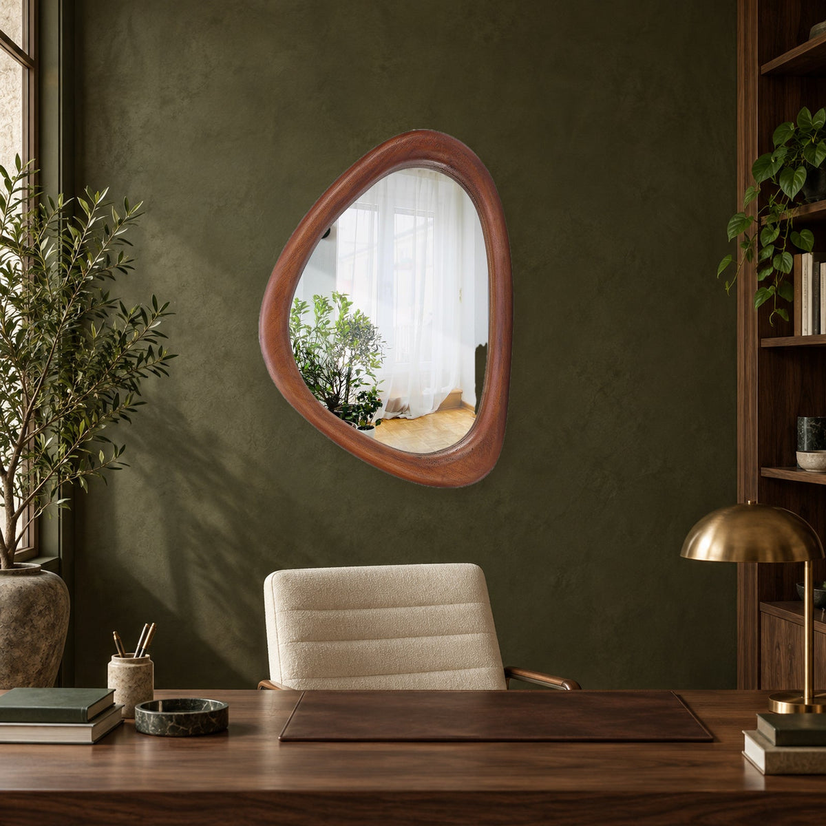 Asymmetrical Wooden Wall Mirror for Modern Home Decor