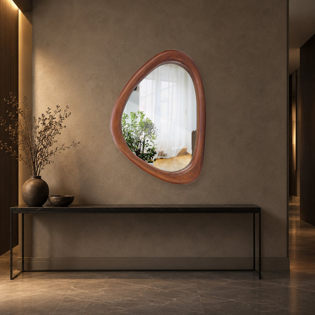 Asymmetrical Wooden Wall Mirror for Modern Home Decor