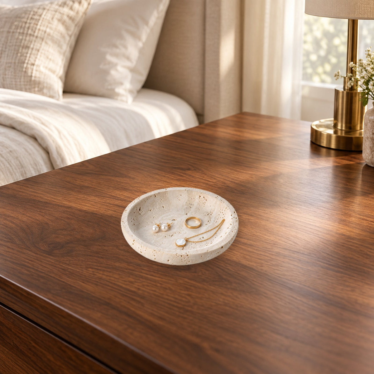 Natural Travertine Round Jewelry Dish and Trinket Tray
