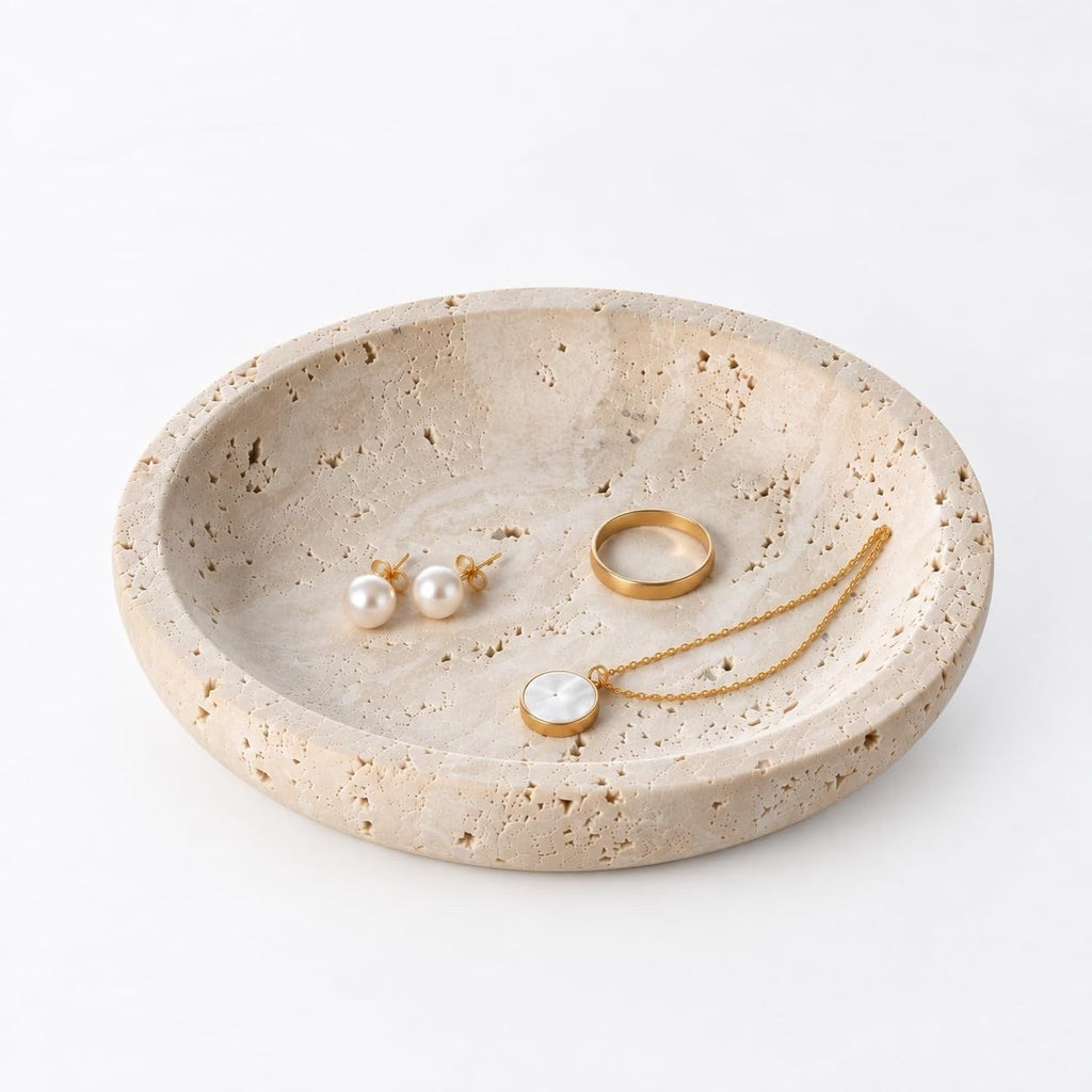 Natural Travertine Round Jewelry Dish and Trinket Tray