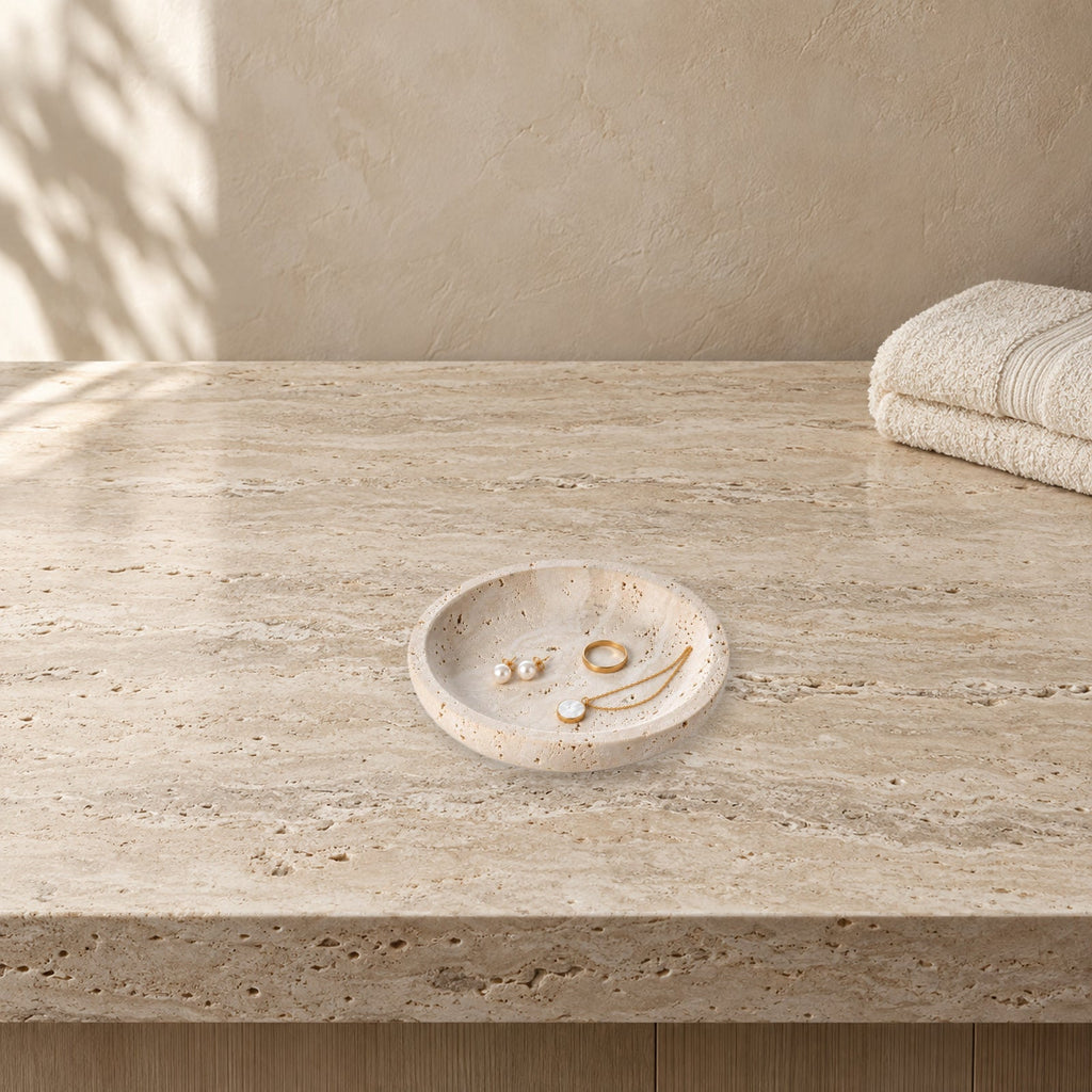 Natural Travertine Round Jewelry Dish and Trinket Tray