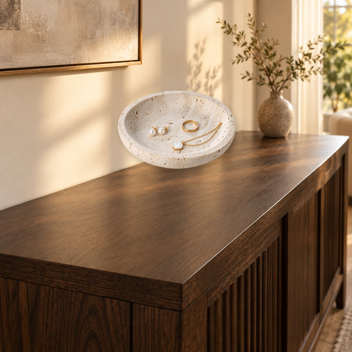 Natural Travertine Round Jewelry Dish and Trinket Tray