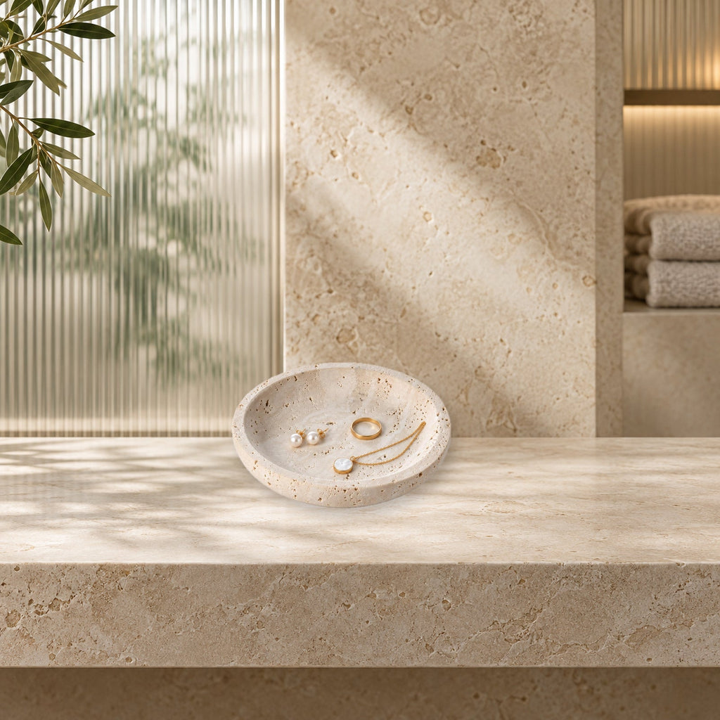 Natural Travertine Round Jewelry Dish and Trinket Tray