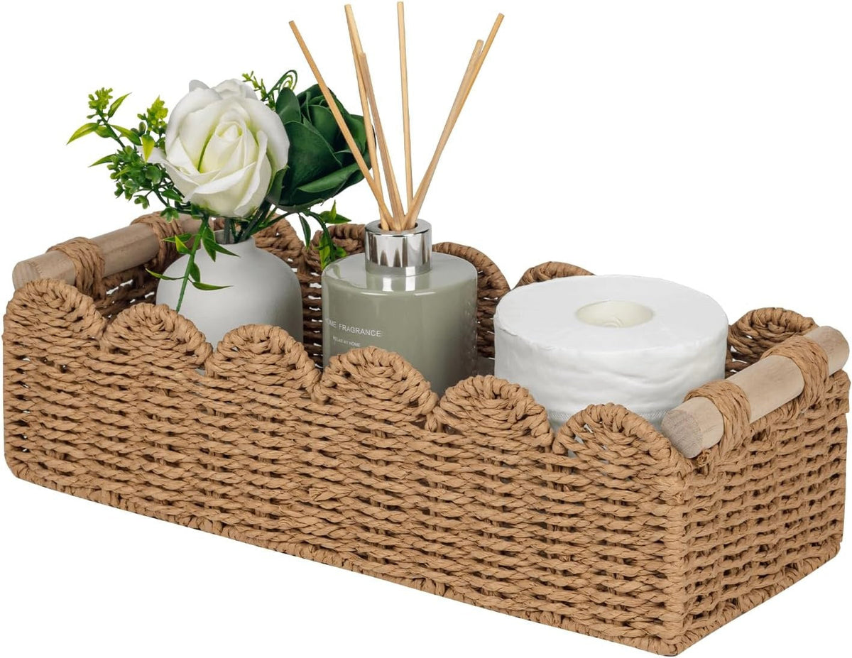 Scalloped Woven Paper Rope Storage Basket With Handles