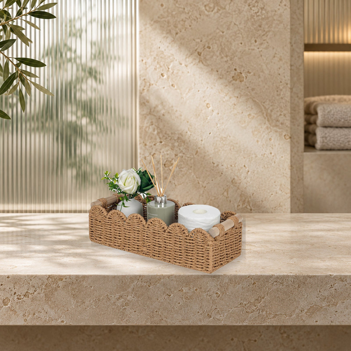 Scalloped Woven Paper Rope Storage Basket With Handles