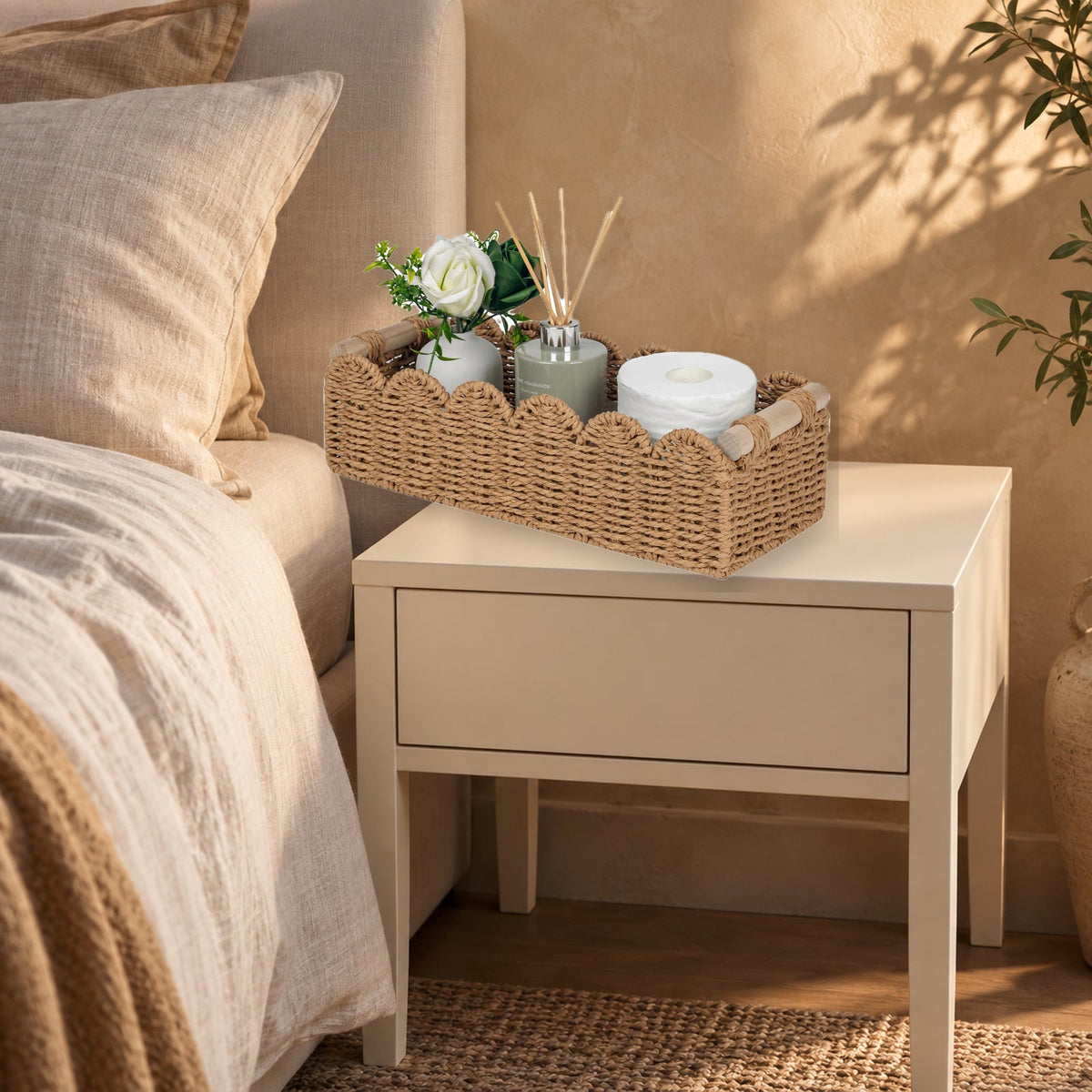 Scalloped Woven Paper Rope Storage Basket With Handles