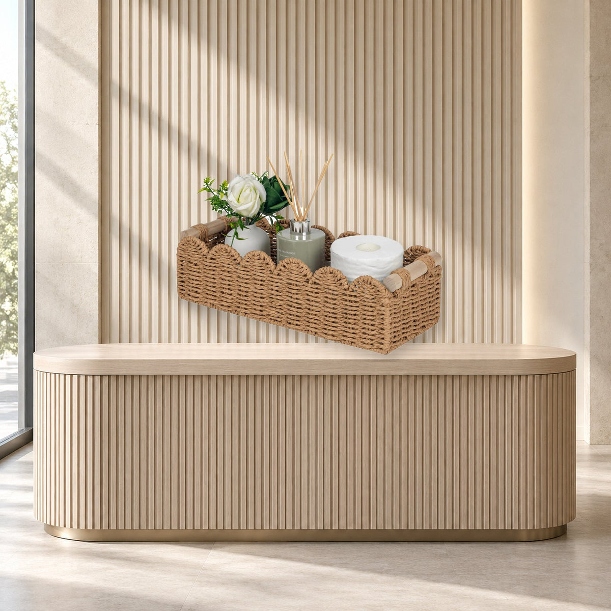 Scalloped Woven Paper Rope Storage Basket With Handles