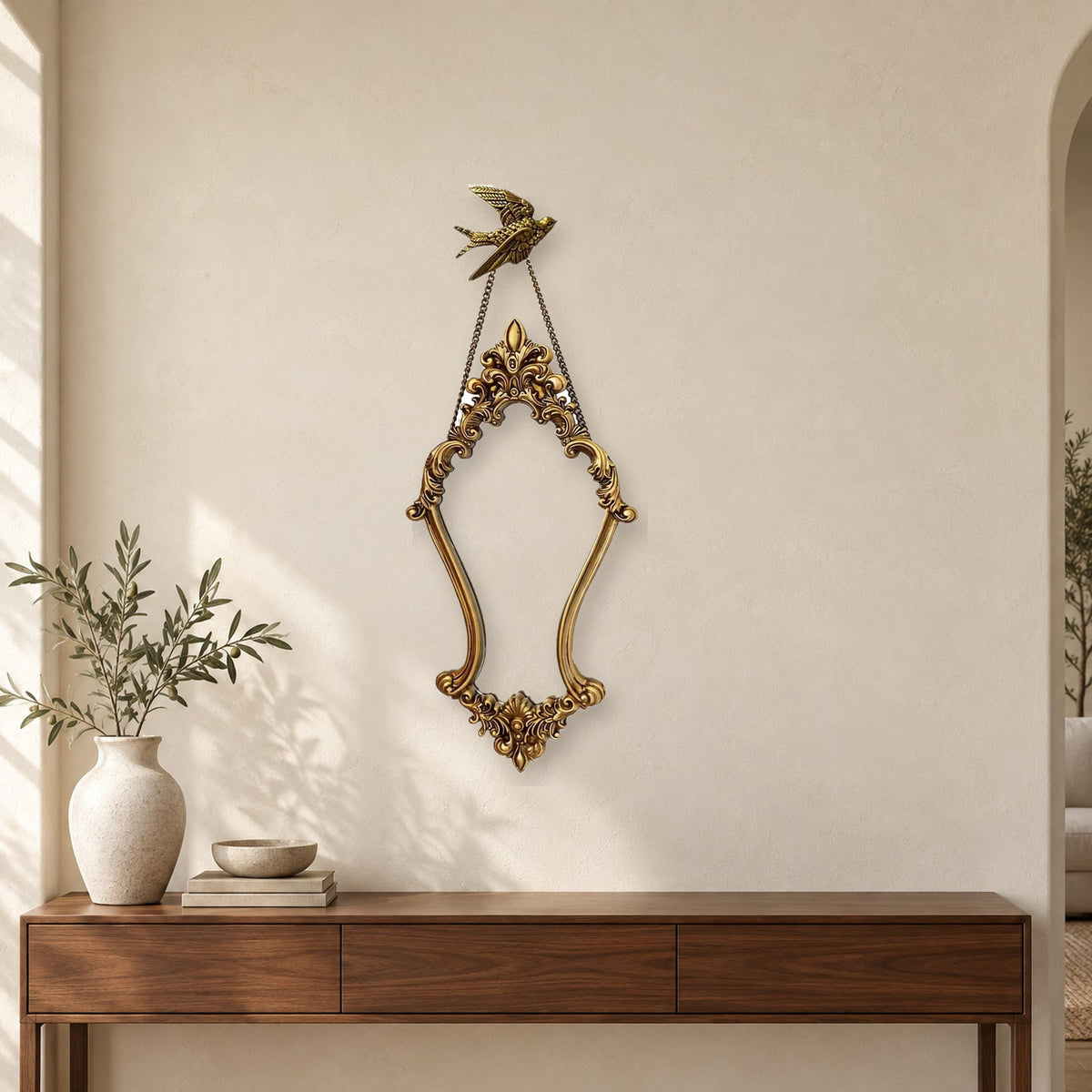 Antique Gold Baroque Wall Mirror With Hanging Chain