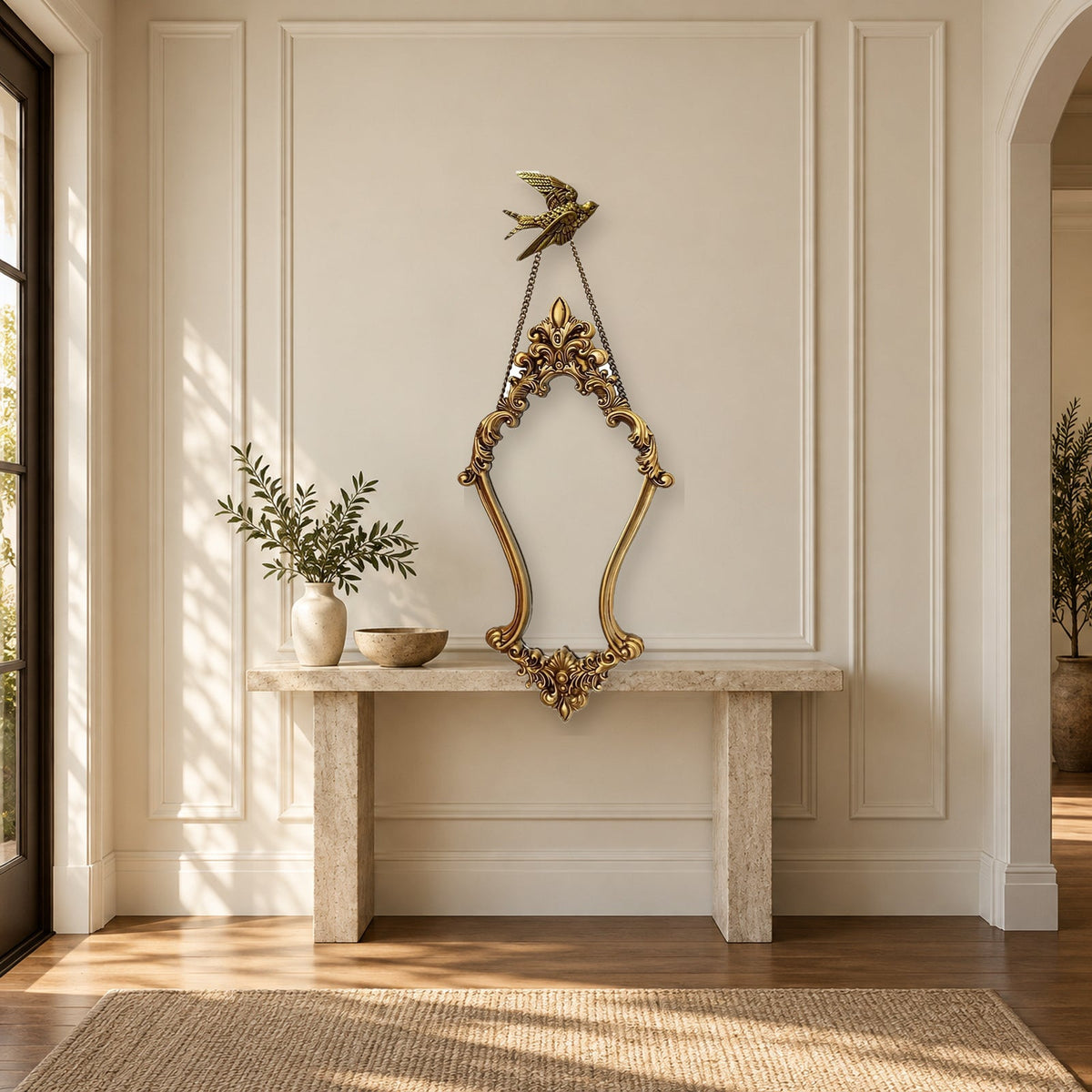 Antique Gold Baroque Wall Mirror With Hanging Chain