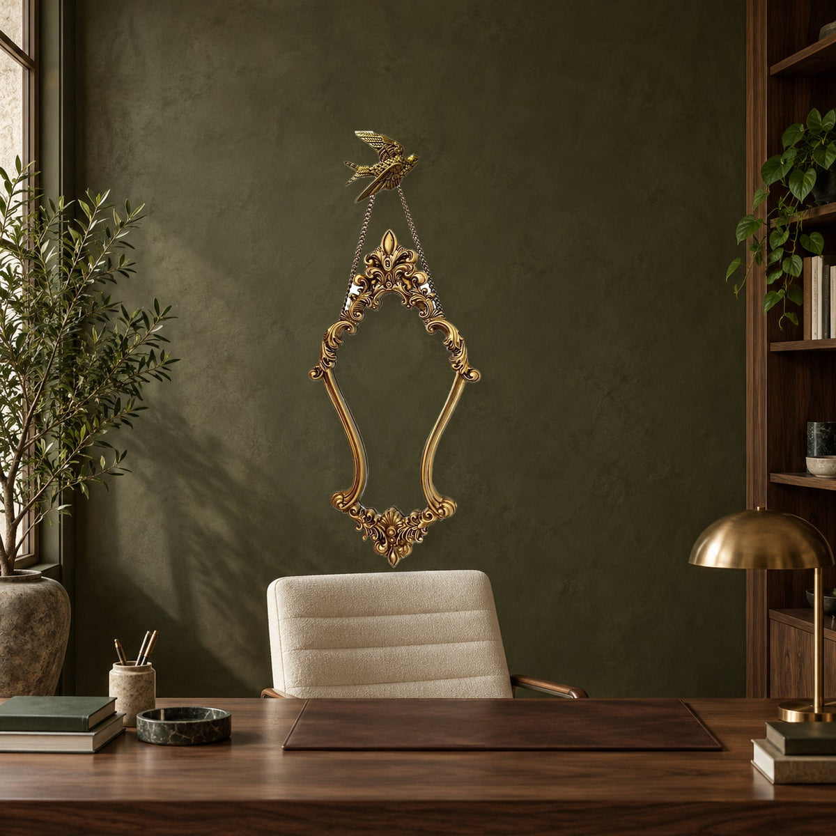 Antique Gold Baroque Wall Mirror With Hanging Chain